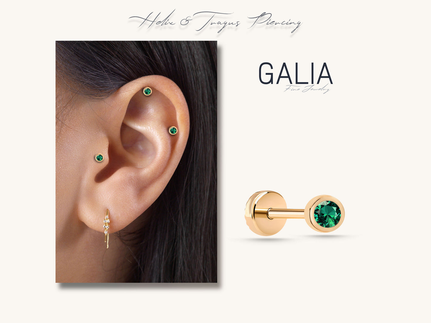 Screw Back Piercing,14K Solid Gold Round Cut Natural Emerald Piercing,Emerald Cartilage Piercing,Helix-Tragus Piercing,16G(1.2mm)