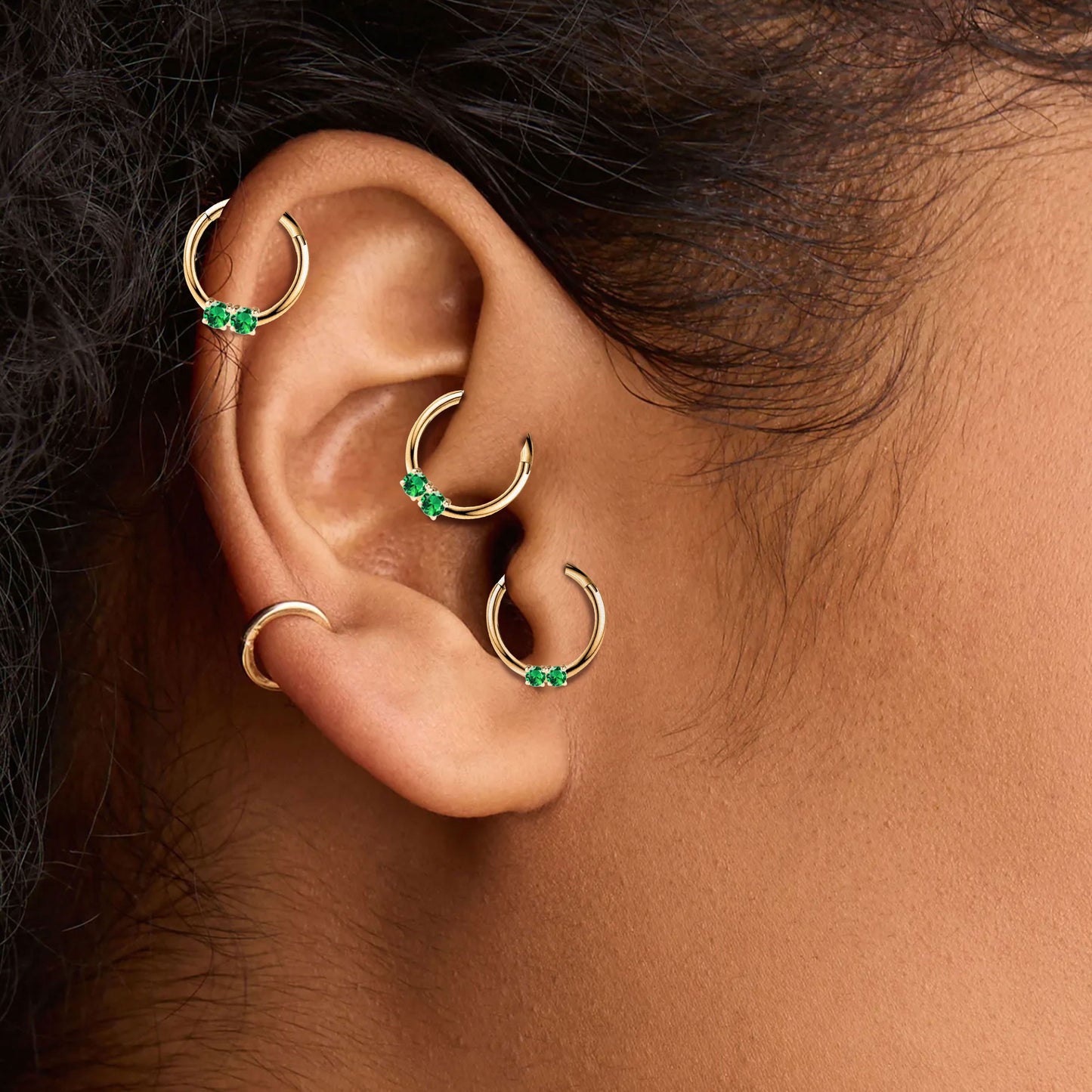 Cartilage Hoop Round Cut Two Emerald Clicker Piercing Single Daith Earring 14K Gold