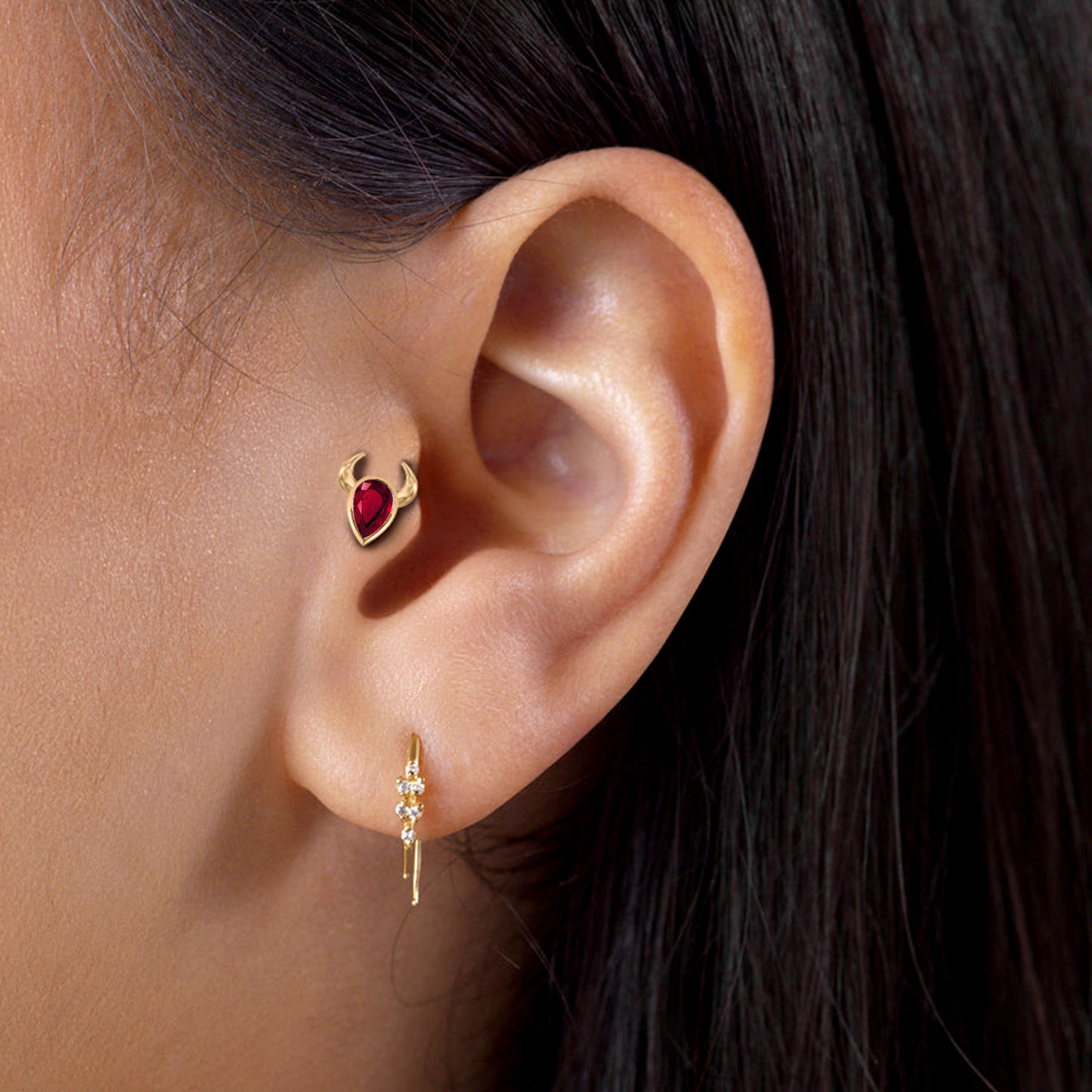 Screw Back Piercing,14K Solid Gold Pear Cut Natural Ruby Bull's Piercing,Ruby Cartilage Piercing,Helix-Tragus Piercing,16G(1.2mm)