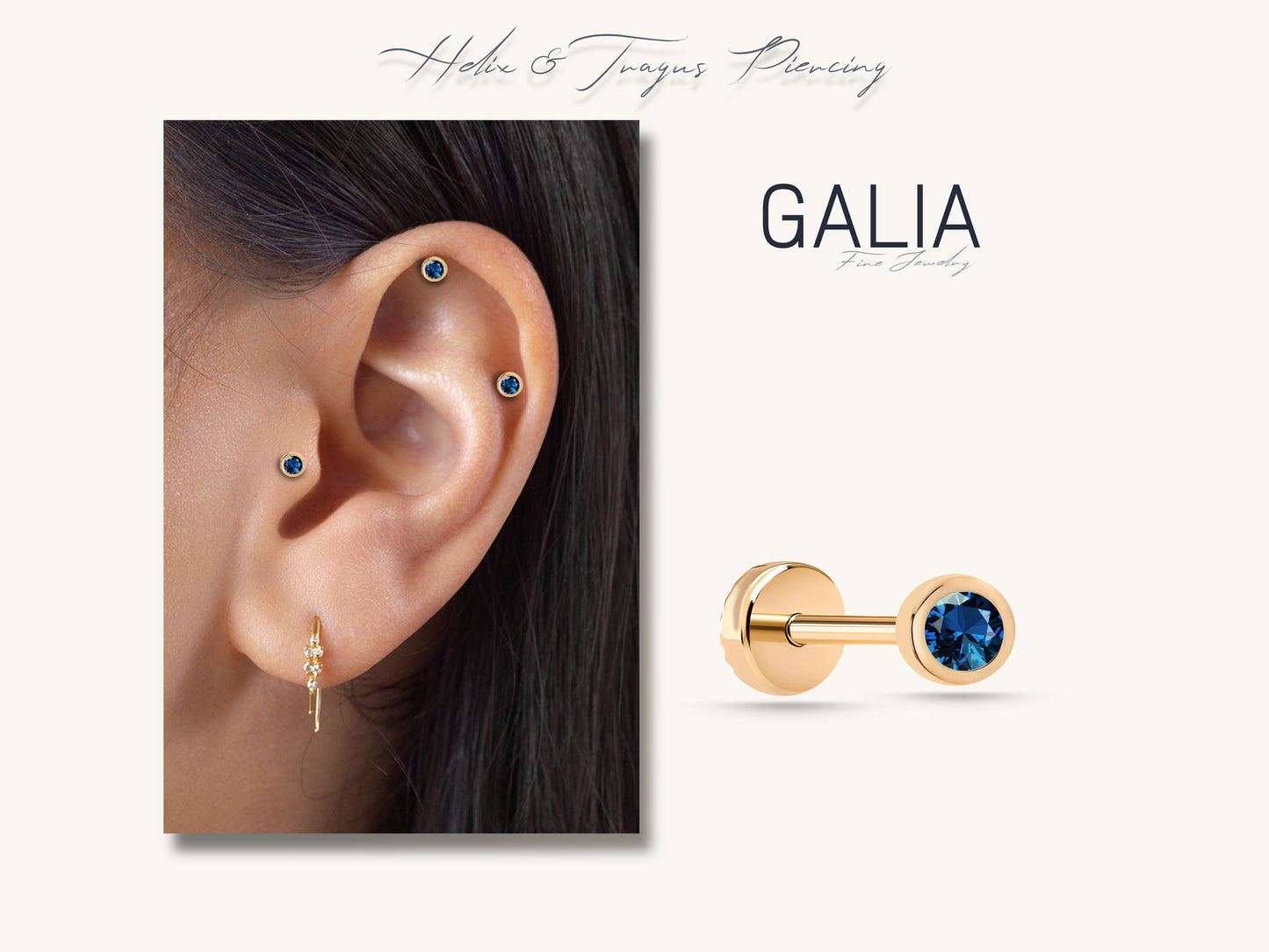 Screw Back Piercing,14K Solid Gold Round Cut Natural Sapphire Piercing,Sapphire Cartilage Piercing,Helix-Tragus Piercing,16G(1.2mm)