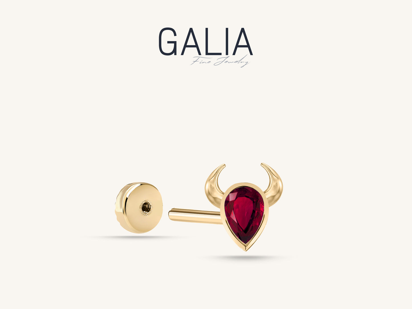 Screw Back Piercing,14K Solid Gold Pear Cut Natural Ruby Bull's Piercing,Ruby Cartilage Piercing,Helix-Tragus Piercing,16G(1.2mm)