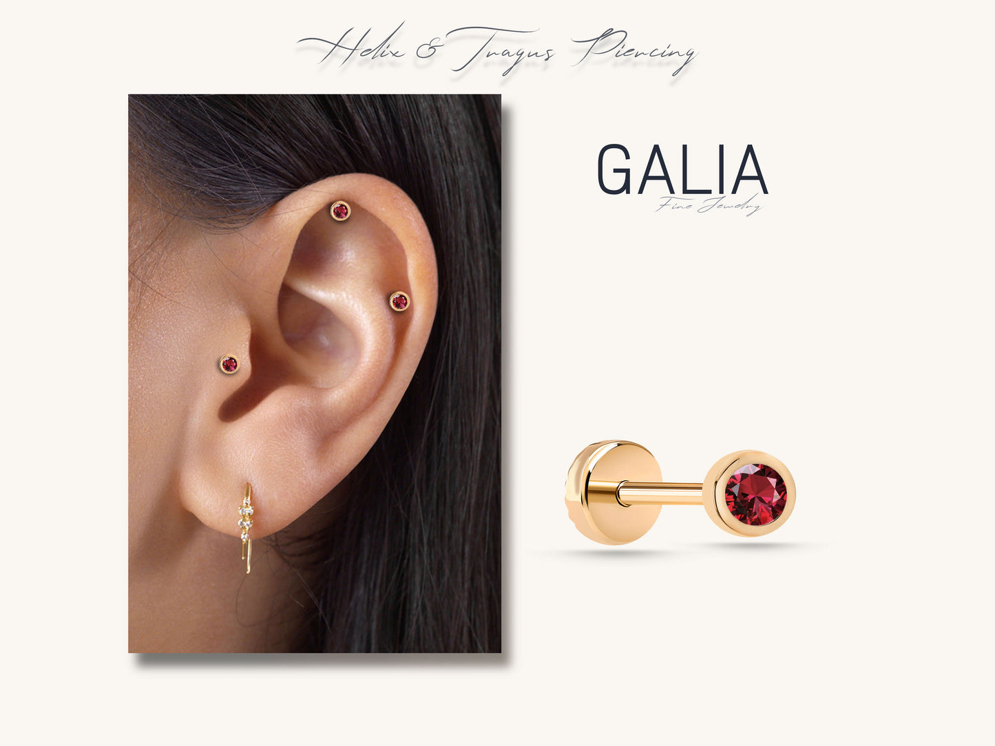 Screw Back Piercing,14K Solid Gold Round Cut Natural Ruby Piercing,Ruby Cartilage Piercing,Helix-Tragus Piercing,16G(1.2mm)